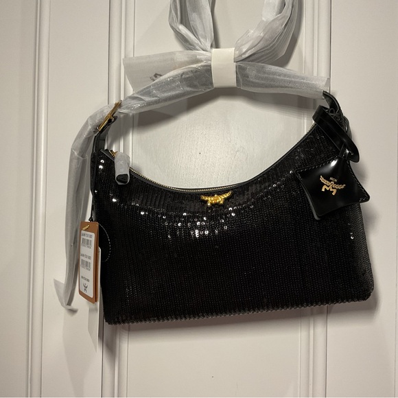 MCM Aren Hobo In Sequin Black Lamb Leather NWT - Picture 8 of 13